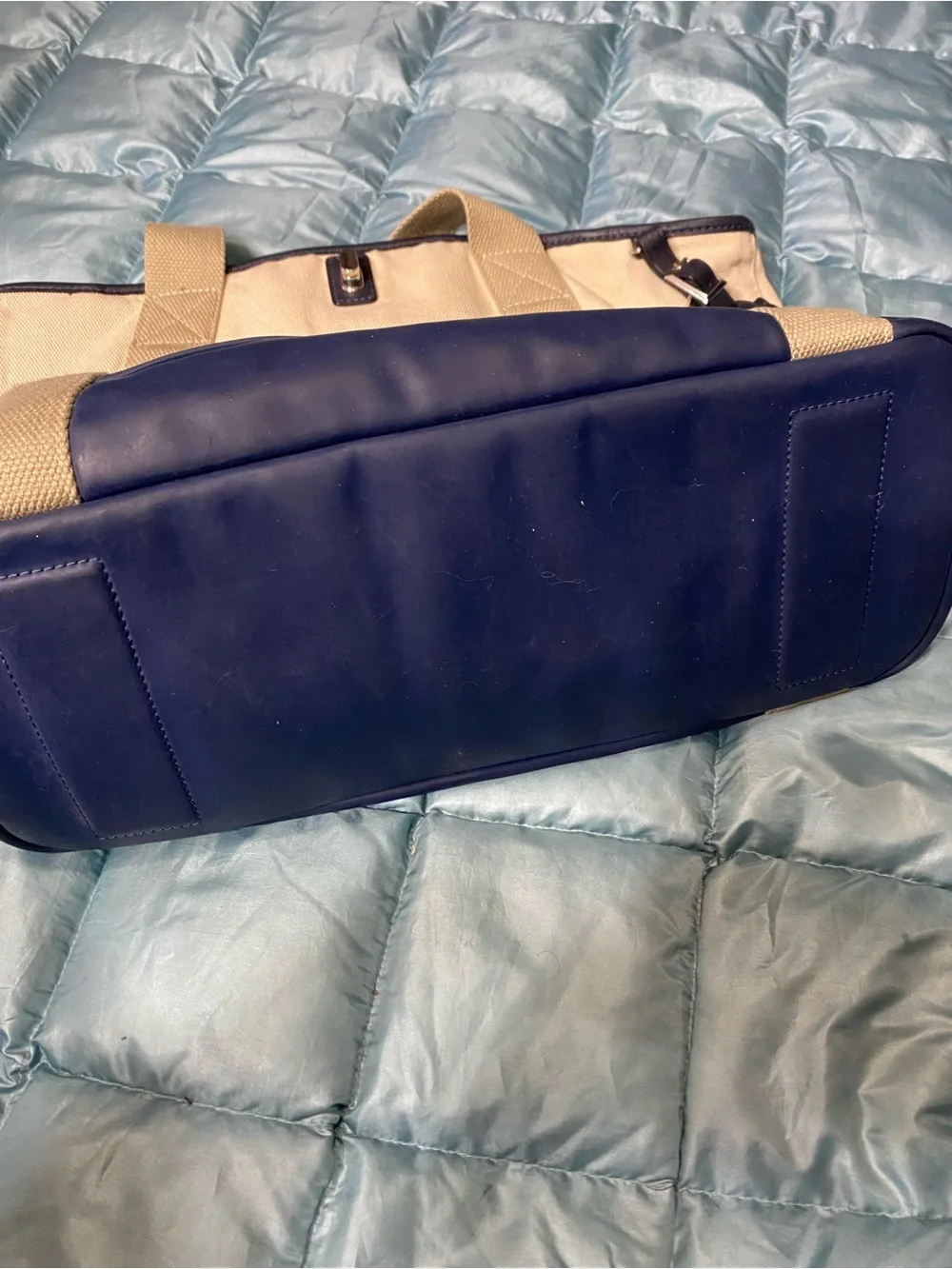 EUC Tumi X Orlebar Brown Canvas and Leather Travel Duffel Bag in Cream & Navy